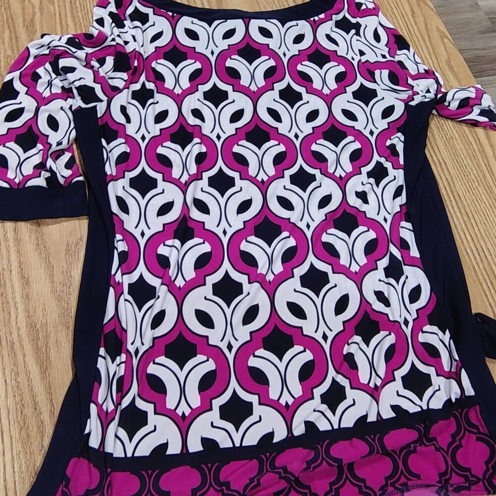 LONG SLEEVE DRESSY BLOUSE PURPLE WHITE AND NAVY BLUE DESIGNS XL